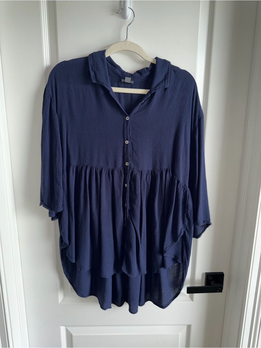 Aerie Navy Blue Babydoll Tunic Blouse Medium Boho Flowy Button Front Top